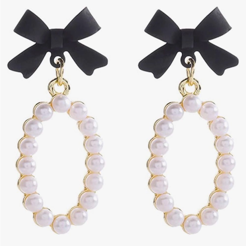 3for$20 Oval Elegant Pearl and Black Bow Earring Studs